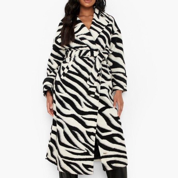 Boohoo Zebra Belted Wool Look Coat - Picture 6 of 15